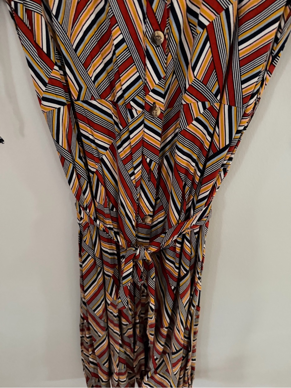Noisy May Multi-Stripe Wrap Midi Dress in Red, Yellow & Blue - Picture 2 of 4